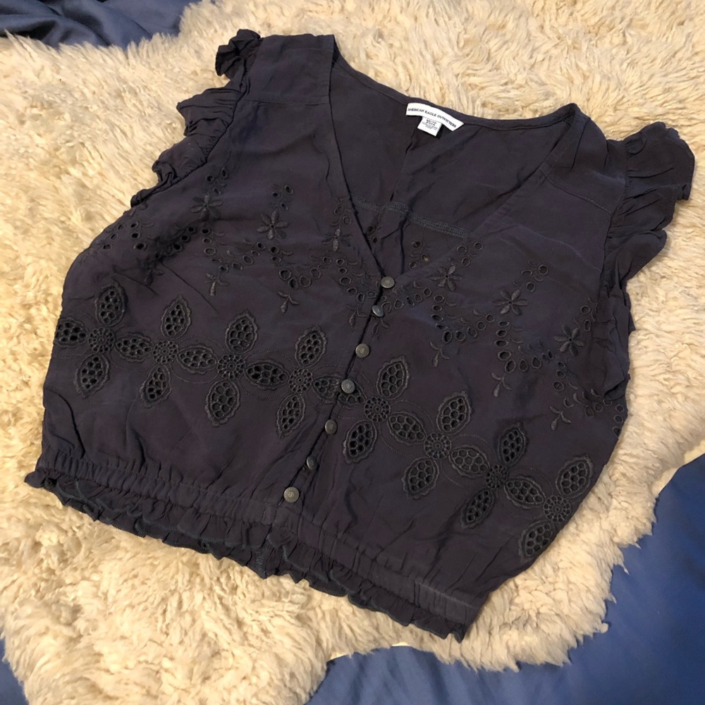 AEO charcoal blouse with lace detail size XS